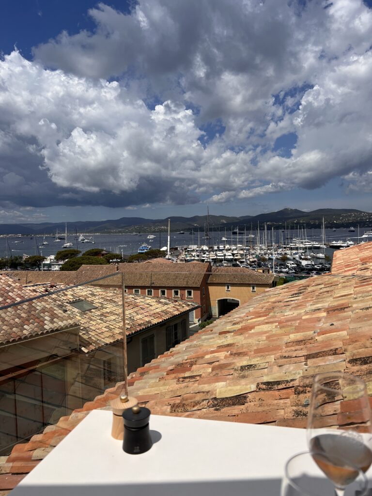 Overlooking a harbor with boats and tiled roofs.