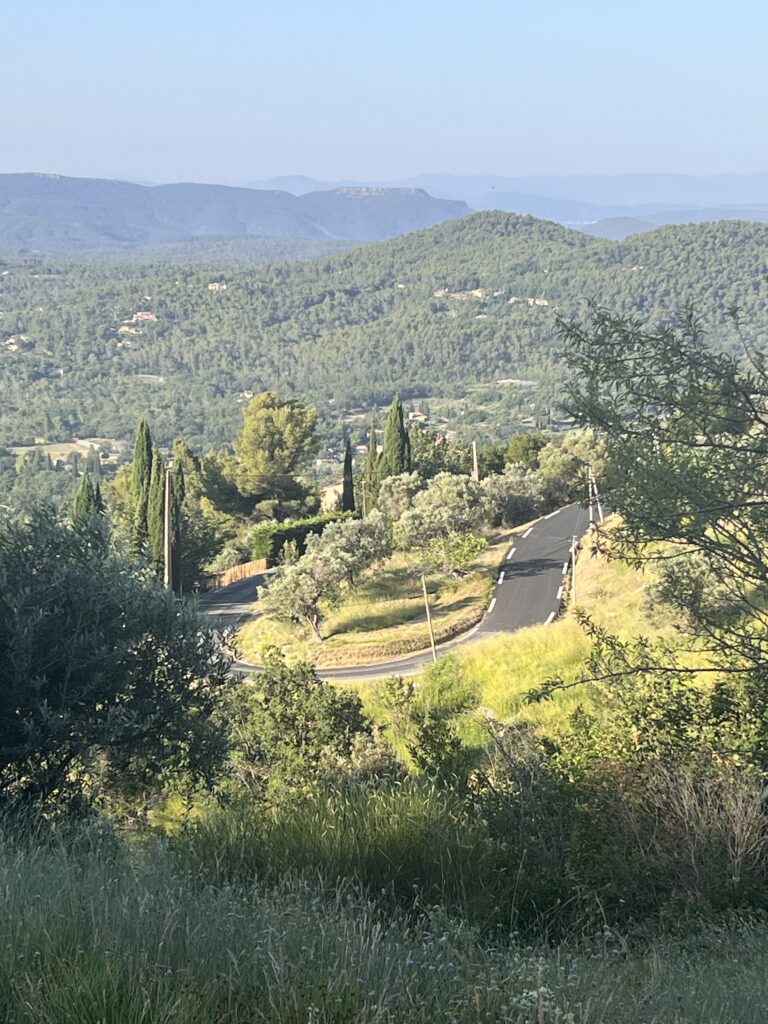 Winding road through green hills and trees.