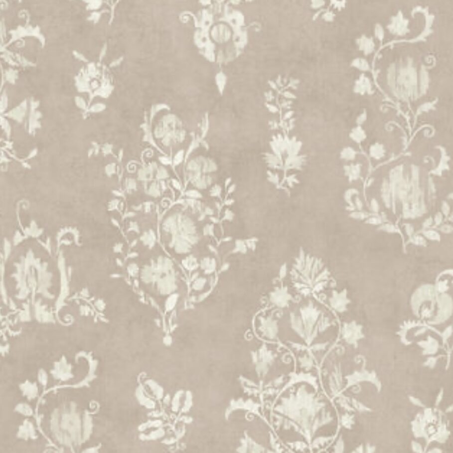 Beige background with white floral pattern.